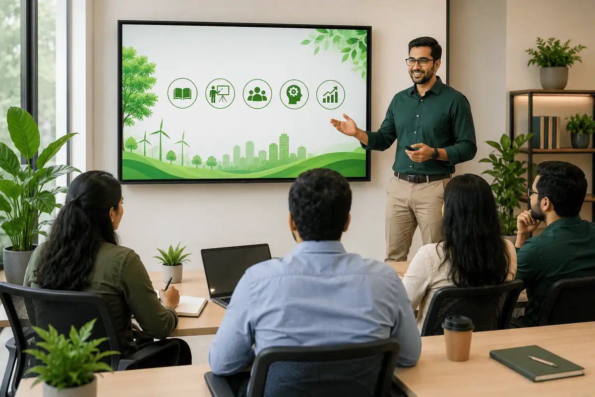 Trainer presenting sustainable agriculture concepts to participants in a classroom, demonstrating knowledge sharing and professional training initiatives.